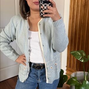 Vintage Country Blue Daisy Knit details button front‎ Cardigan. M